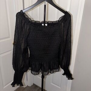 She + Sky‎ Black Swiss Dot Off-the-Shoulder Smocked Top Med Boho Whimsygoth EUC